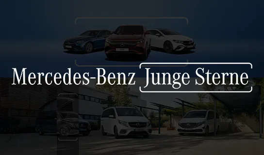 Ein Schild mit der Aufschrift Mercedes-Benz Junge Sterne mit dunklem Hintergrund.