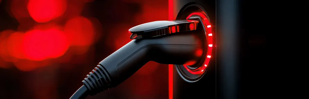 Ein Ausschnitt einer Ladesäule für E-Autos. Die Farben sind in rot und schwarz gehalten.