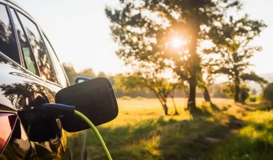Ein Ladekabelstecker steckt in einem dunklen Fahrzeug, das auf einem Feldweg steht.